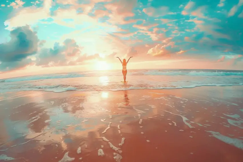 Silhouette of a woman with arms raised celebrating sunrise on a vibrant beach