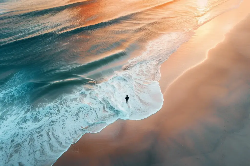 Person on sandy beach at sunset with colorful reflections and waves