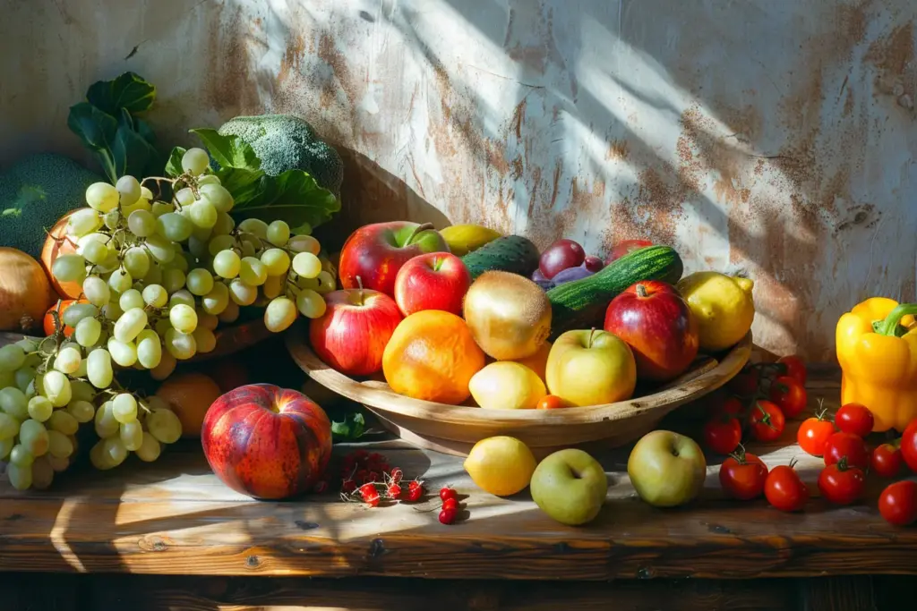 Assorted fresh fruits and vegetables on a rustic wooden table in sunlight