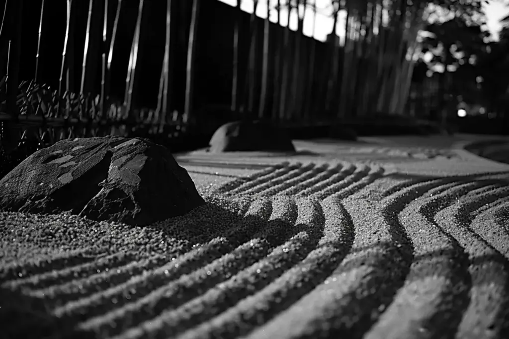 Black and white image of a Zen garden with raked sand and rocks