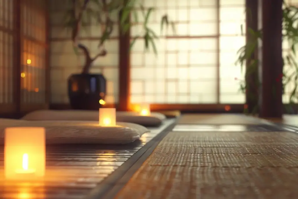 Candlelit traditional Japanese room with tatami mats and sliding doors