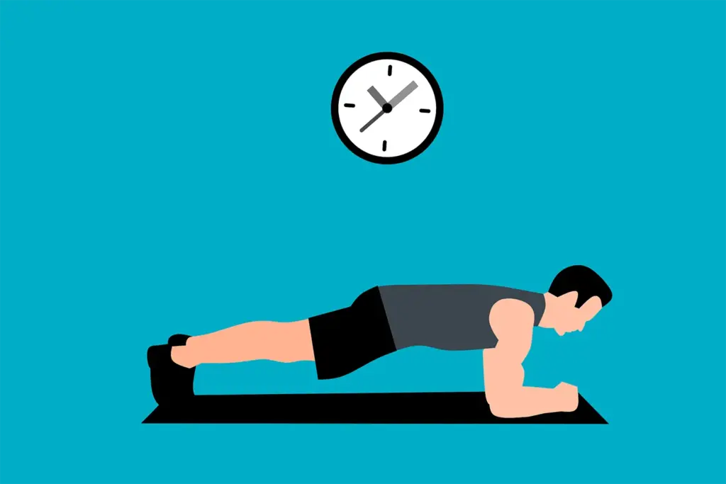 Illustration of a man doing a plank exercise under a clock on a blue background.
