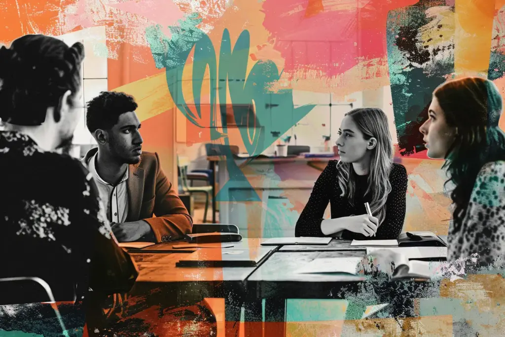 Collage-style image of a business meeting with four professionals in discussion, overlaid with vibrant abstract art.