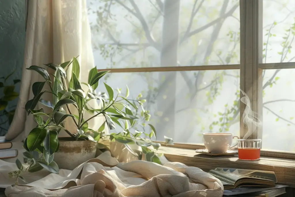 Sunlit reading nook with plants on a wooden windowsill, a steaming cup of tea, and an open book.