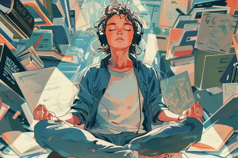Illustration of a person meditating amidst a chaotic pile of books while wearing headphones.