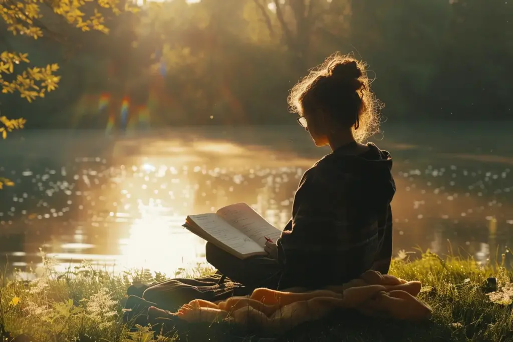 Woman reading a book by a shimmering lake at sunset, surrounded by lush greenery.