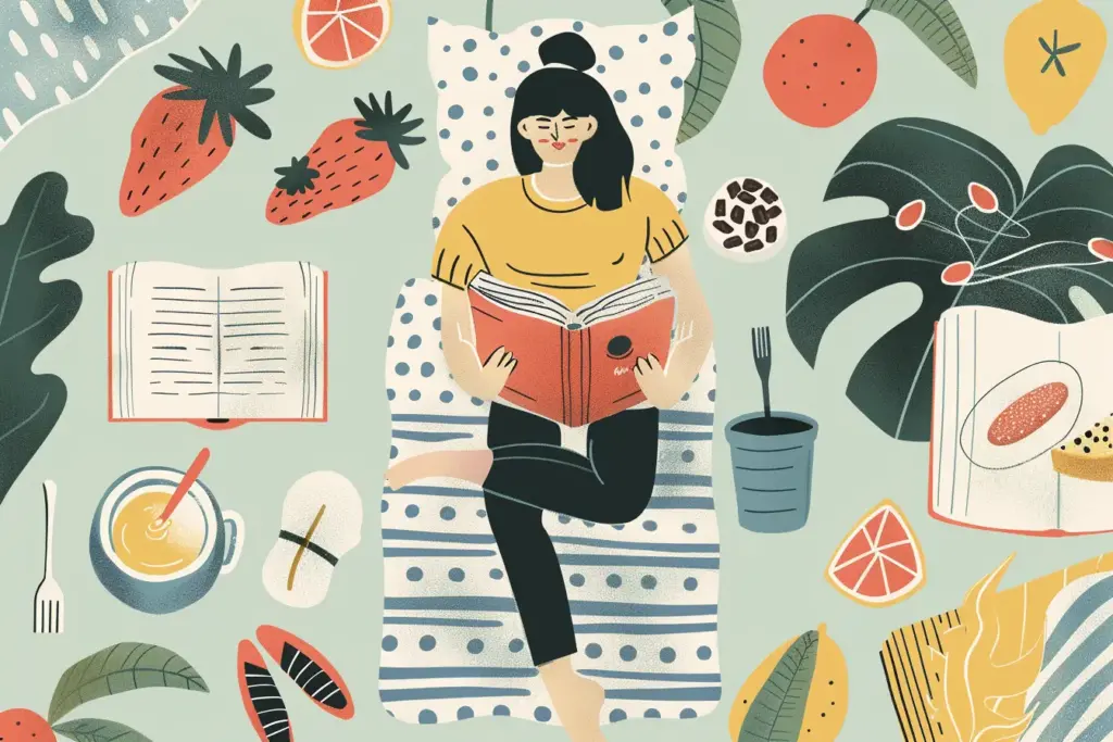 Colorful illustration of a woman reading a book, surrounded by fruits and tropical elements.