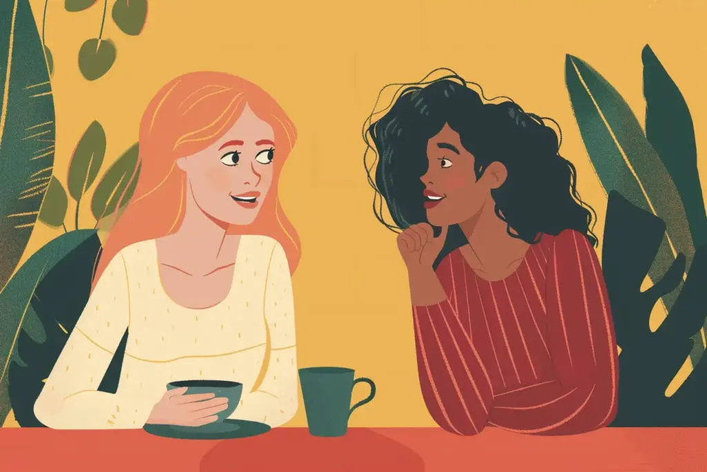 Illustration of two women engaging in a lively conversation over coffee, with tropical plants in the background.
