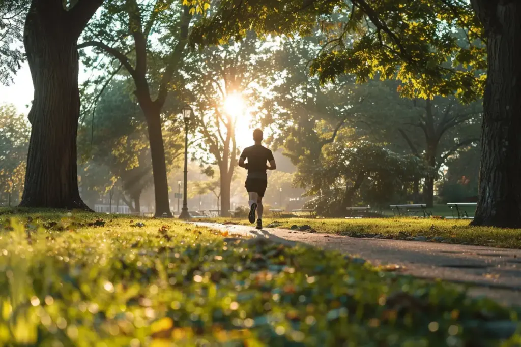 Man jogging on a sunlit path through a lush park at sunrise.
