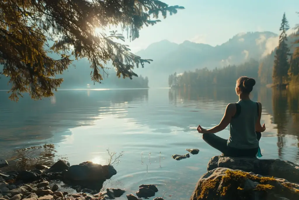 Woman meditating on a rock by a serene lake with mountain views during sunrise.