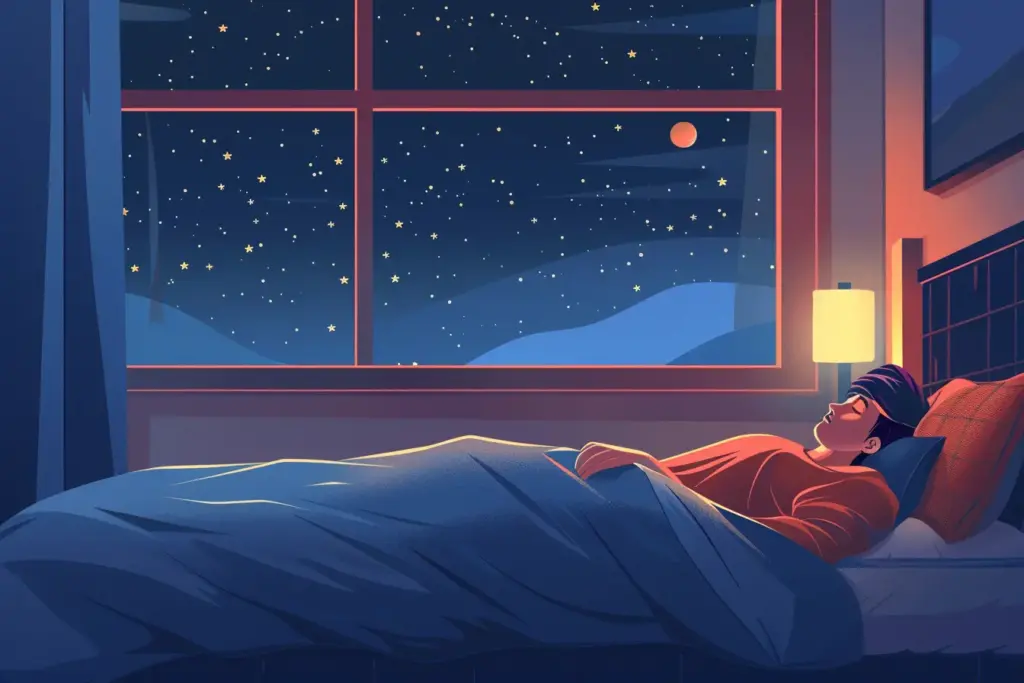 Person sleeping in bed by a window, with a starry night sky.