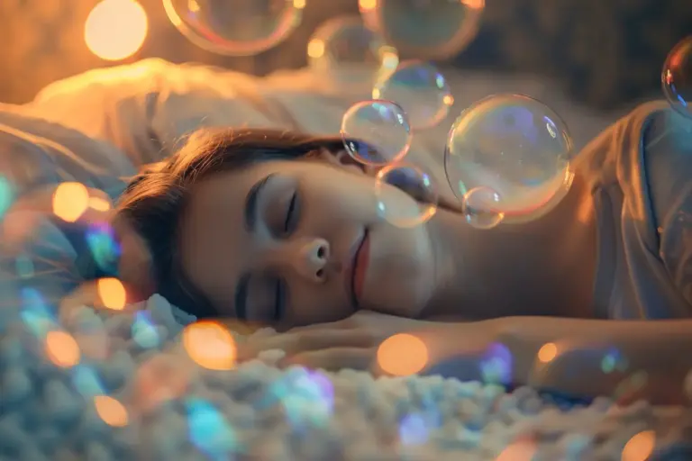 Woman sleeping peacefully surrounded by glowing bubbles.