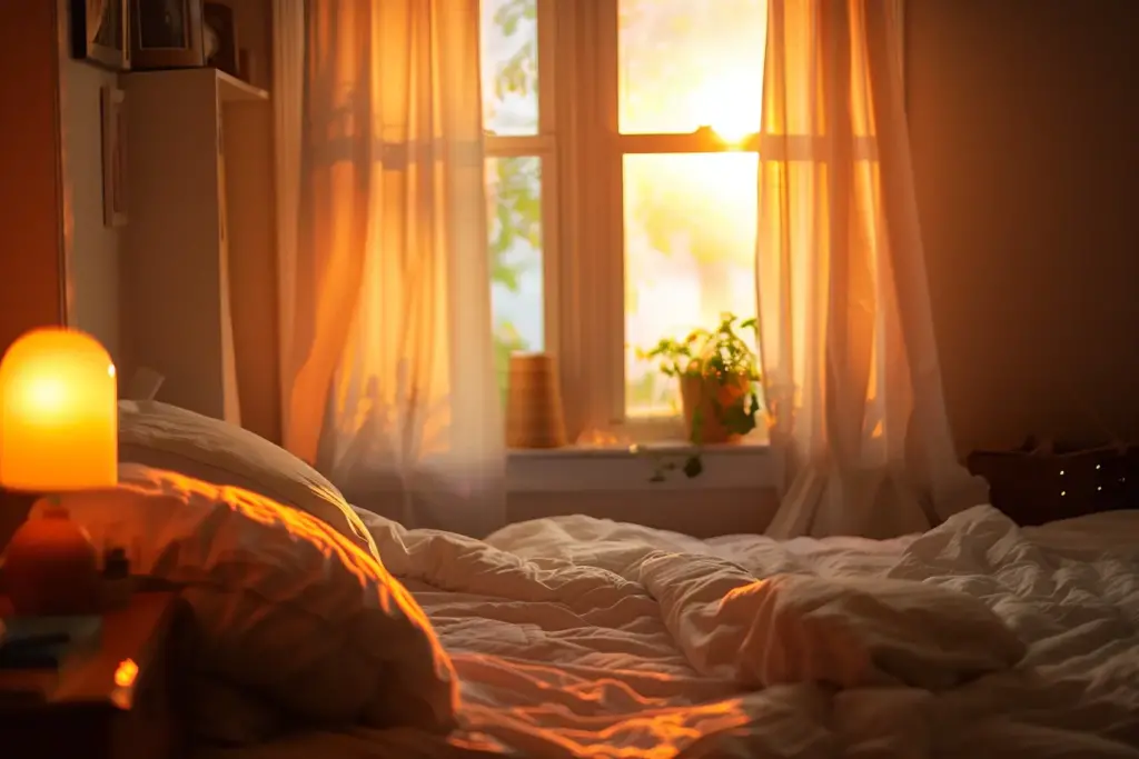 Cozy bedroom bathed in warm sunlight, with sheer curtains and a potted plant on the windowsill.