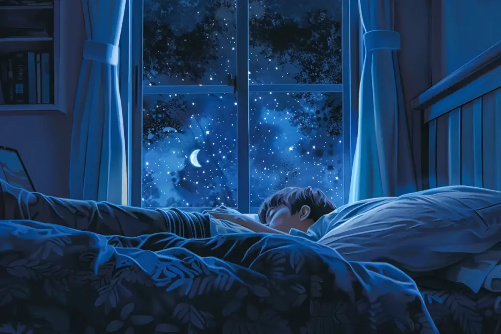 Boy sleeping in bed with a view of a starry night sky and crescent moon through the window.