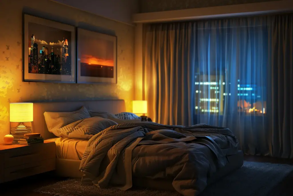 Modern bedroom at night, illuminated by warm bedside lamps, with city lights visible through the window.