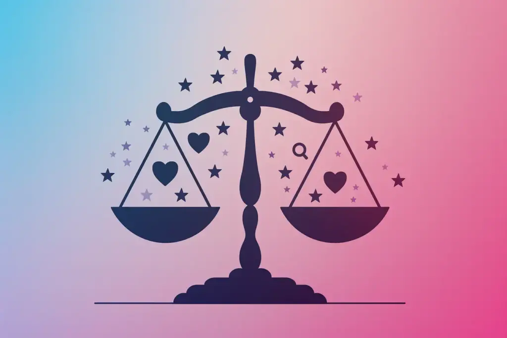 Scales balancing hearts and stars on a pink and blue gradient background.