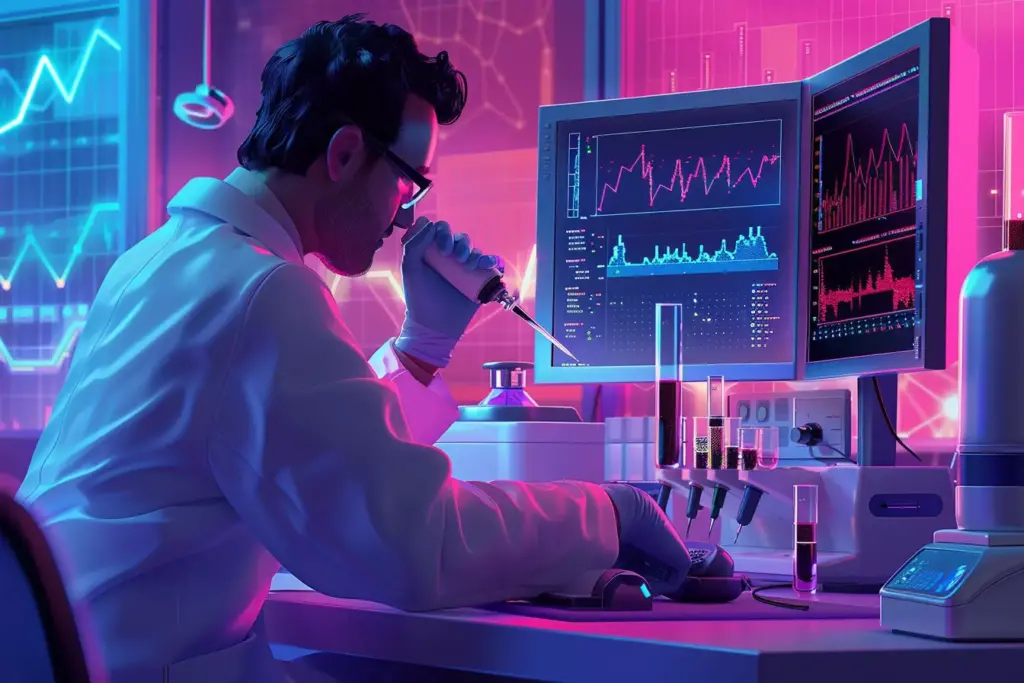 Scientist in a lab using a pipette, with data charts displayed on multiple monitors in a high-tech, pink and blue-lit environment.