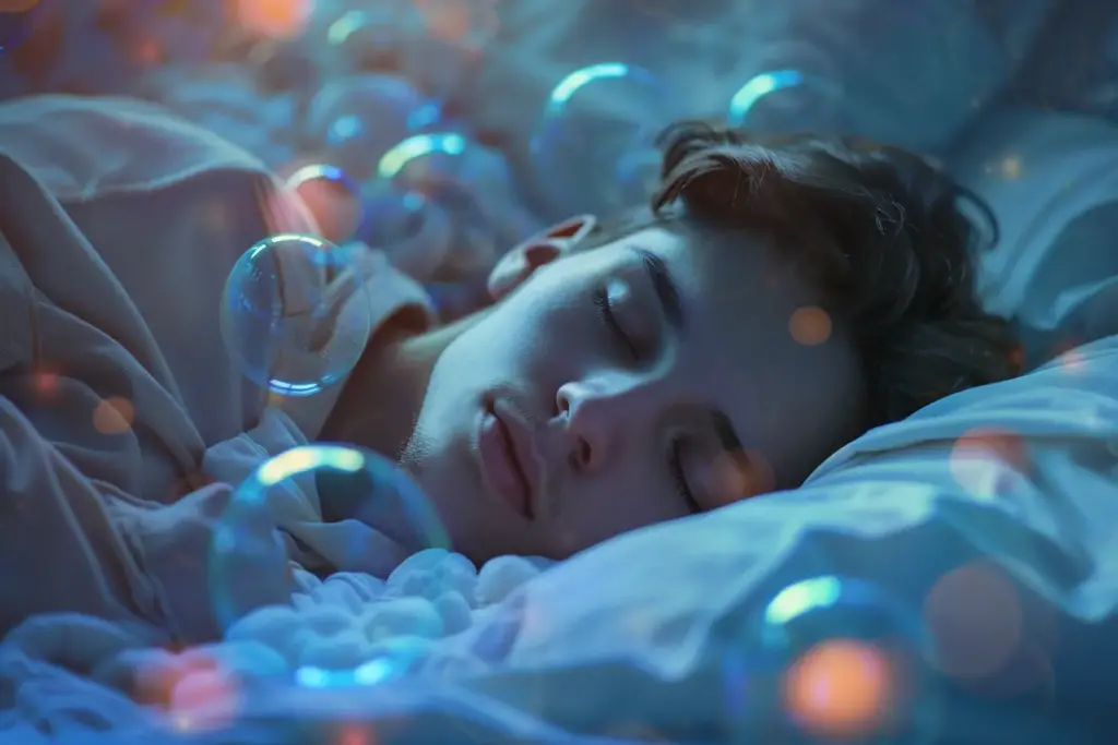 Man sleeping peacefully surrounded by glowing bubbles.