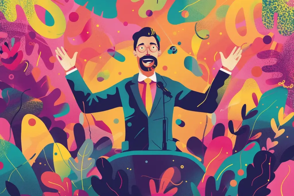 Colorful illustration of excited businessman speaking at podium