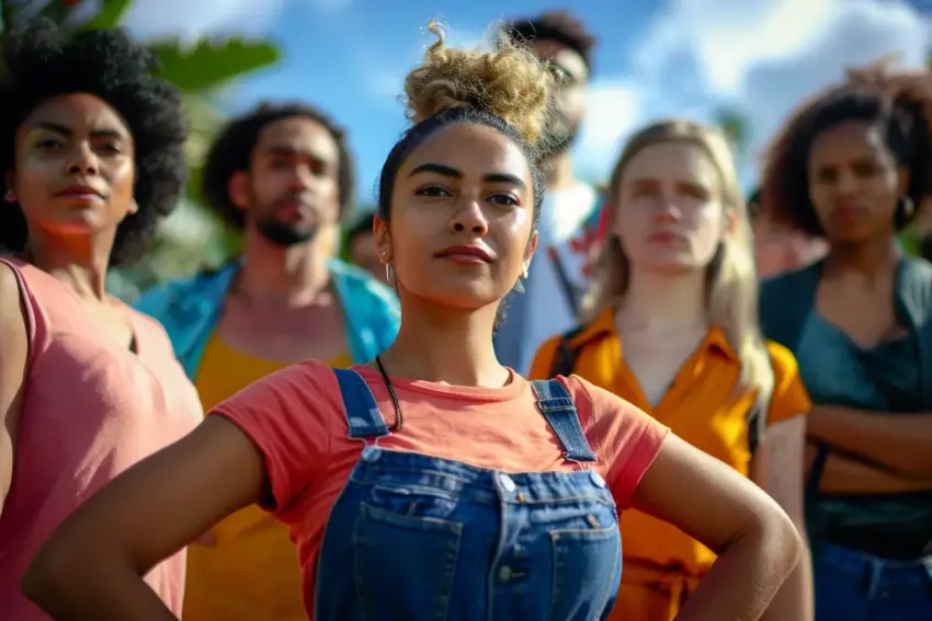 Confident young woman with diverse group standing behind her