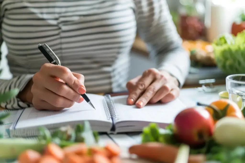 Woman writing meal plan with healthy groceries around her