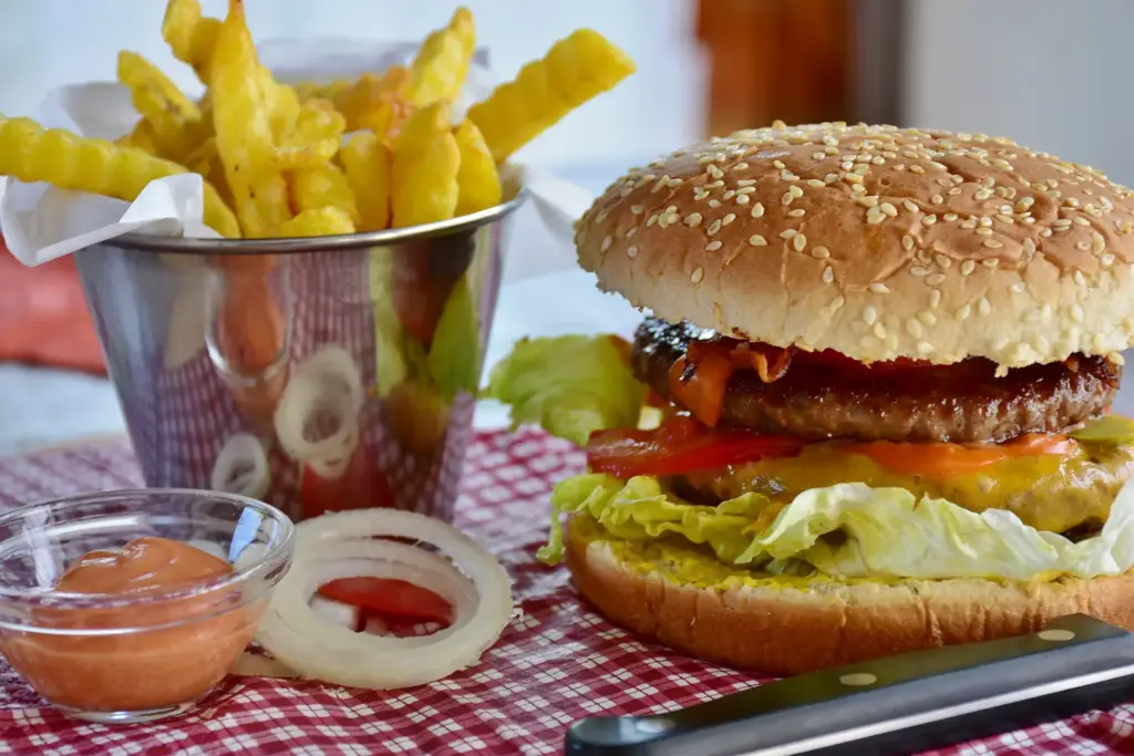Cheeseburger with fries and sauce on table