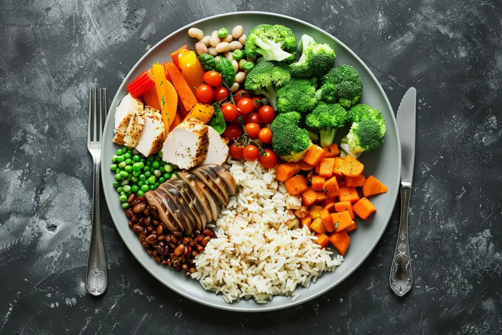 Balanced meal with chicken, vegetables, and rice