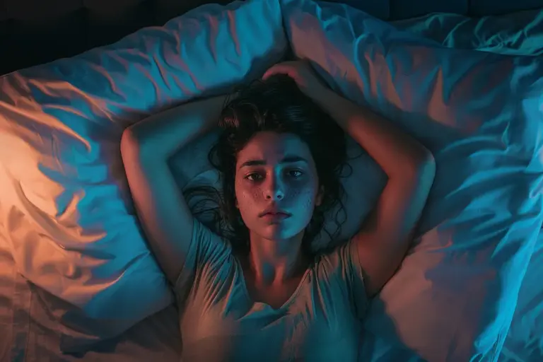 Woman lying awake in bed at night