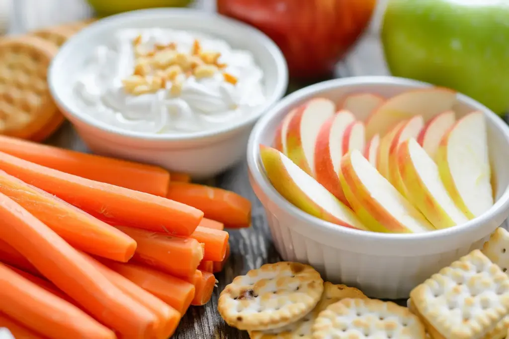 Healthy snacks with carrots, apples, yogurt, and crackers