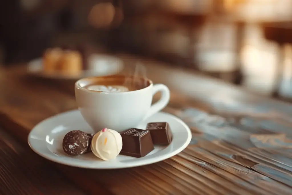 Cappuccino with chocolates on wooden table