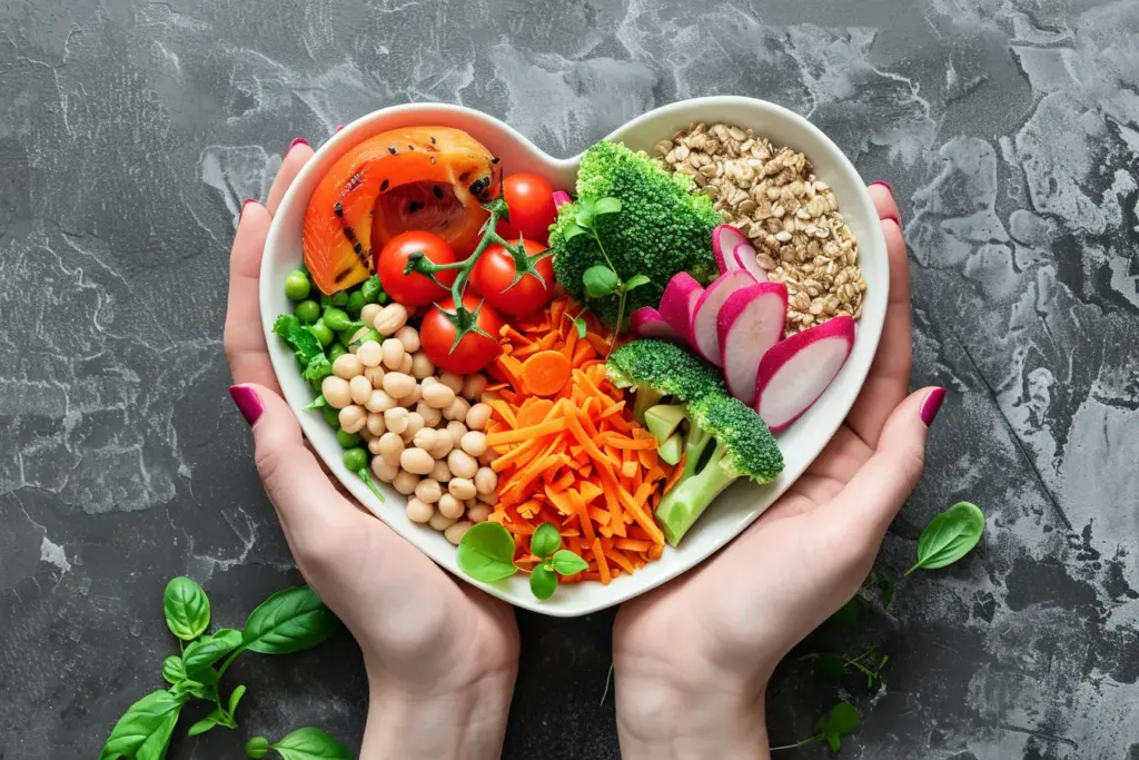 Hands holding a heart-shaped bowl filled with colorful vegetables and grains on a gray background