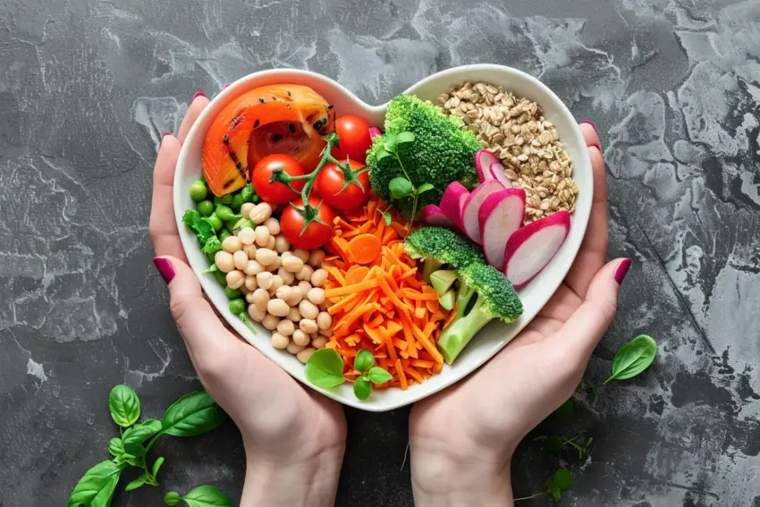 Hands holding a heart-shaped bowl filled with colorful vegetables and grains on a gray background