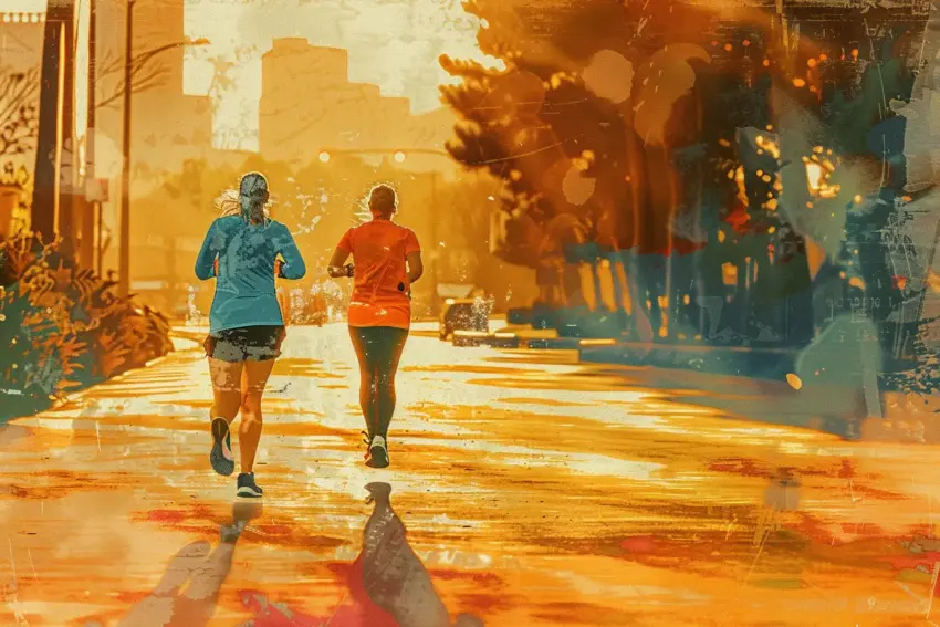 Two women jogging through a city street at sunset, casting long shadows on the glowing pavement.