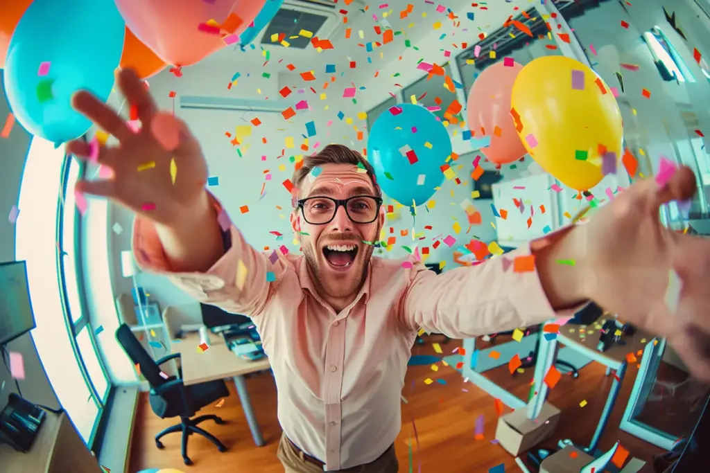 Joyful office worker with glasses celebrating with balloons and colorful confetti in a modern workspace.