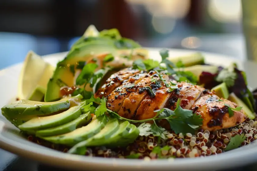 How to eat clean for beginners featuring grilled chicken breast on a bed of quinoa topped with fresh herbs, accompanied by avocado slices and lemon wedges.