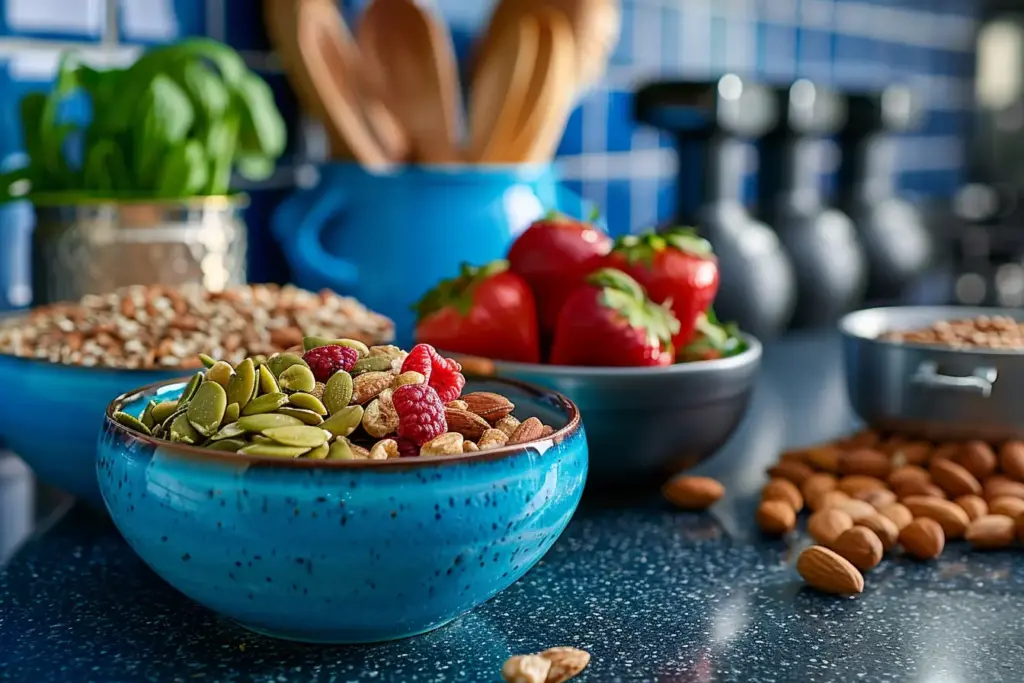 Healthy snack bowl with pumpkin seeds, almonds, and raspberries on a blue kitchen counter.