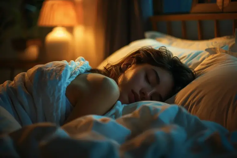 Young woman sleeping peacefully under blue bedding with warm bedside lamp light.