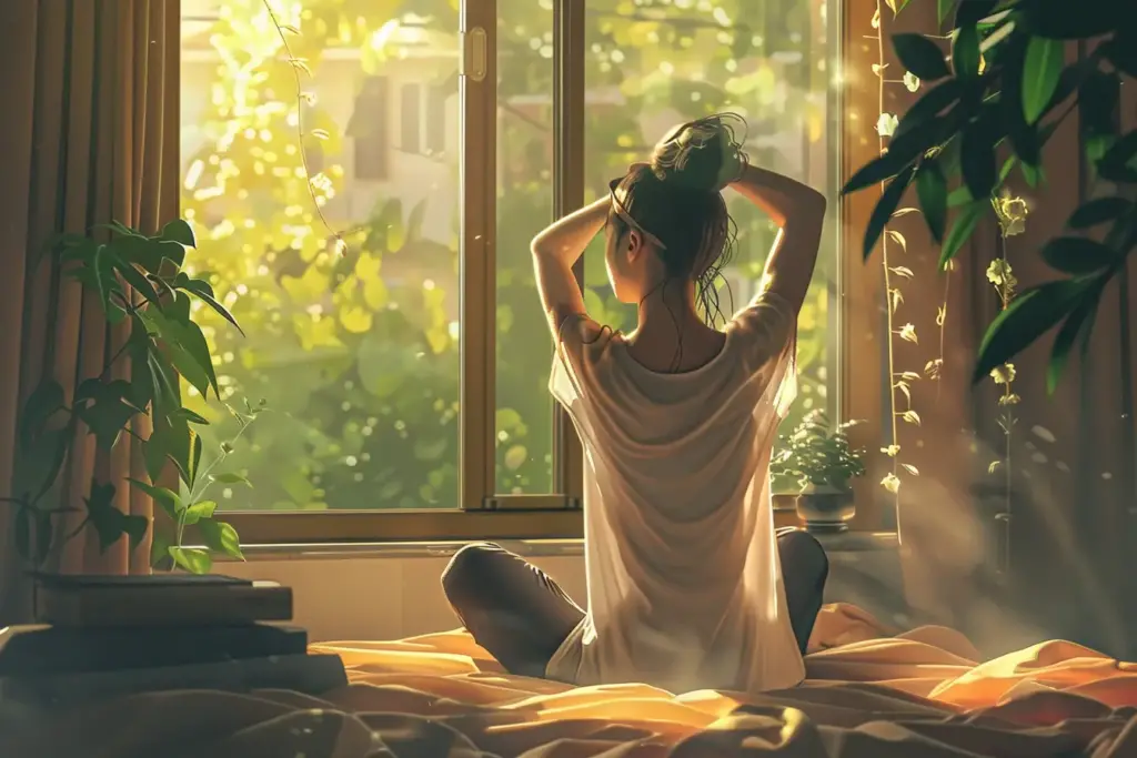 Woman sitting by a sunny window, tying her hair up, surrounded by lush green plants.
