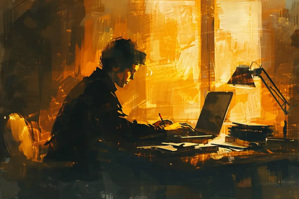 Man focused on working late at a desk illuminated by warm golden light, surrounded by books and a laptop.