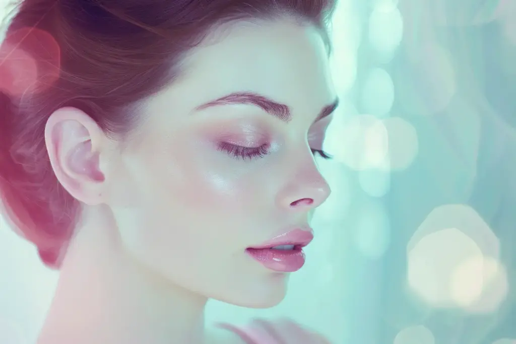 Close-up of a serene woman with flawless skin and subtle makeup in soft glowing blue light.