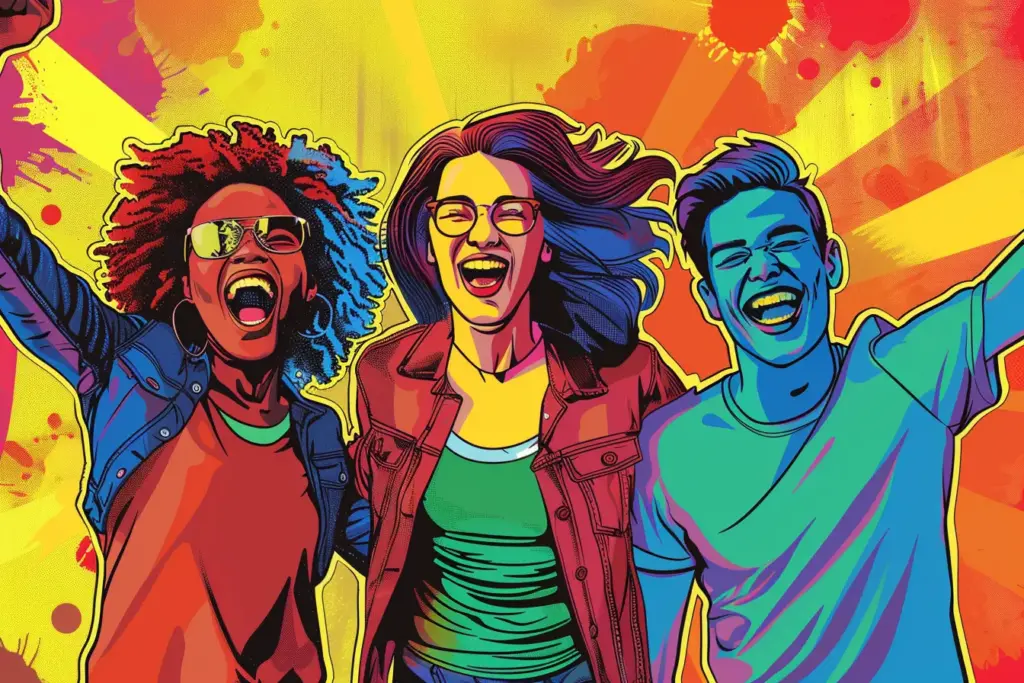 Vibrant comic-style illustration of three joyful young adults laughing against a colorful abstract background.