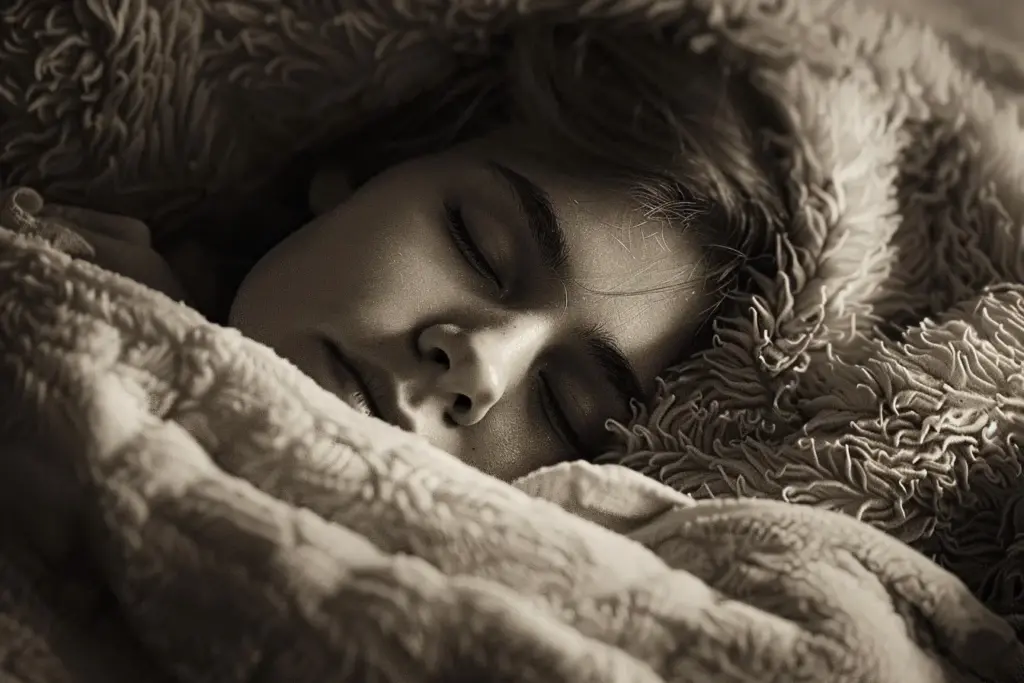 Close-up of a young person sleeping deeply, wrapped in a textured blanket in sepia tones.