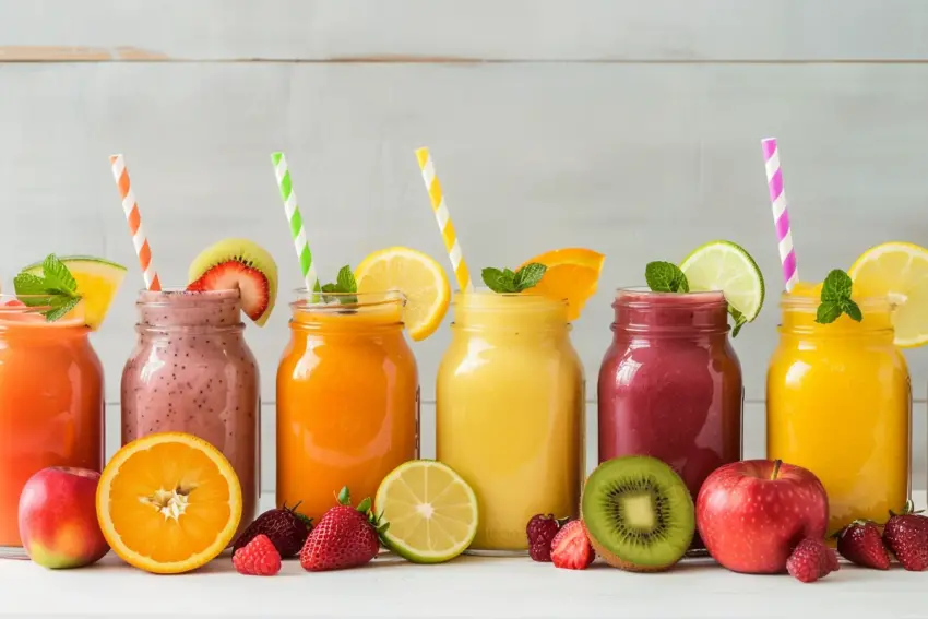 ultimate smoothie recipe features vibrant smoothies in mason jars, each garnished with citrus slices, kiwi, and mint.