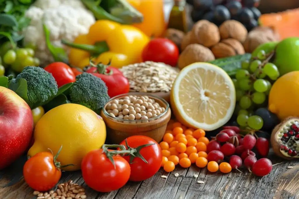 Assorted fresh fruits, vegetables, and nuts including apples, lemons, tomatoes, broccoli, peppers, grapes, oats, and soybeans.
