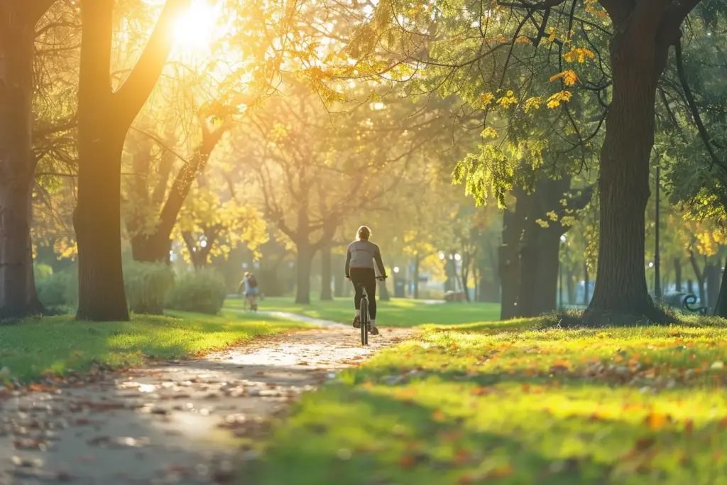 Person riding a bicycle on a sunlit path through a park with autumn foliage and scattered leaves.