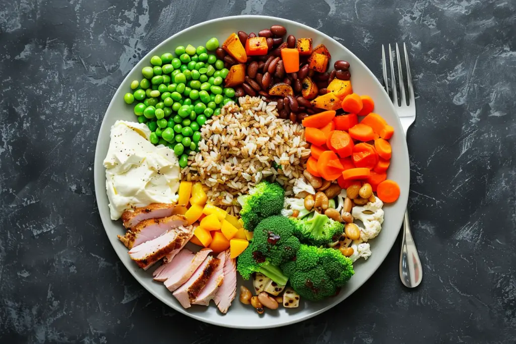 Colorful plate of healthy food including peas, rice, carrots, beans, broccoli, sliced meat, cheese, and diced vegetables.