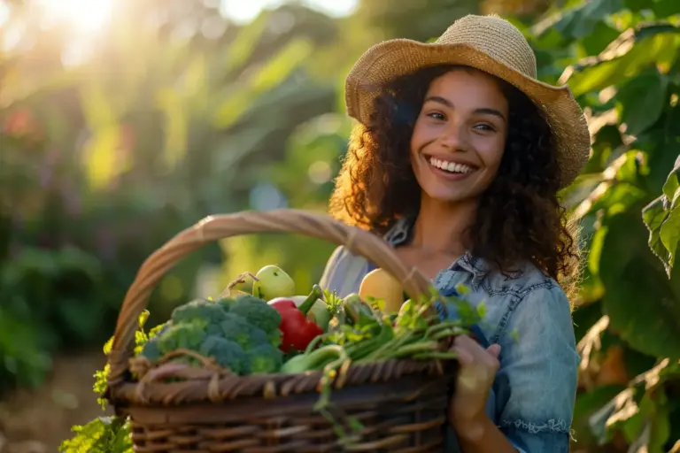 Smiling woman in a straw hat holding a basket of fresh vegetables and fruits in a garden.