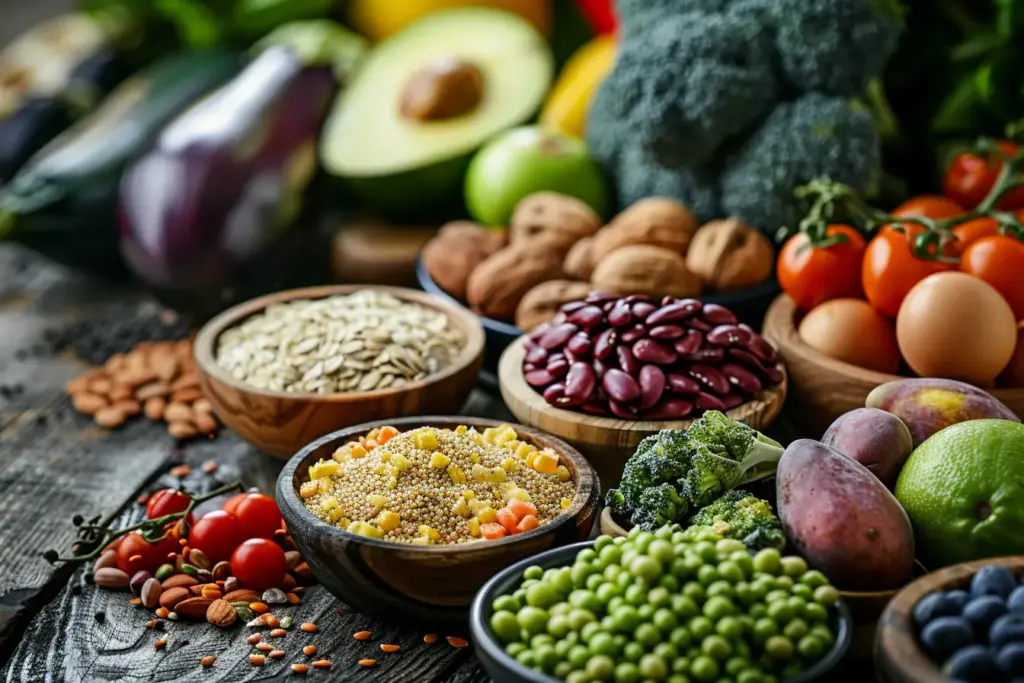 Assortment of fresh vegetables, fruits, nuts, seeds, beans, and grains in bowls on a wooden table.