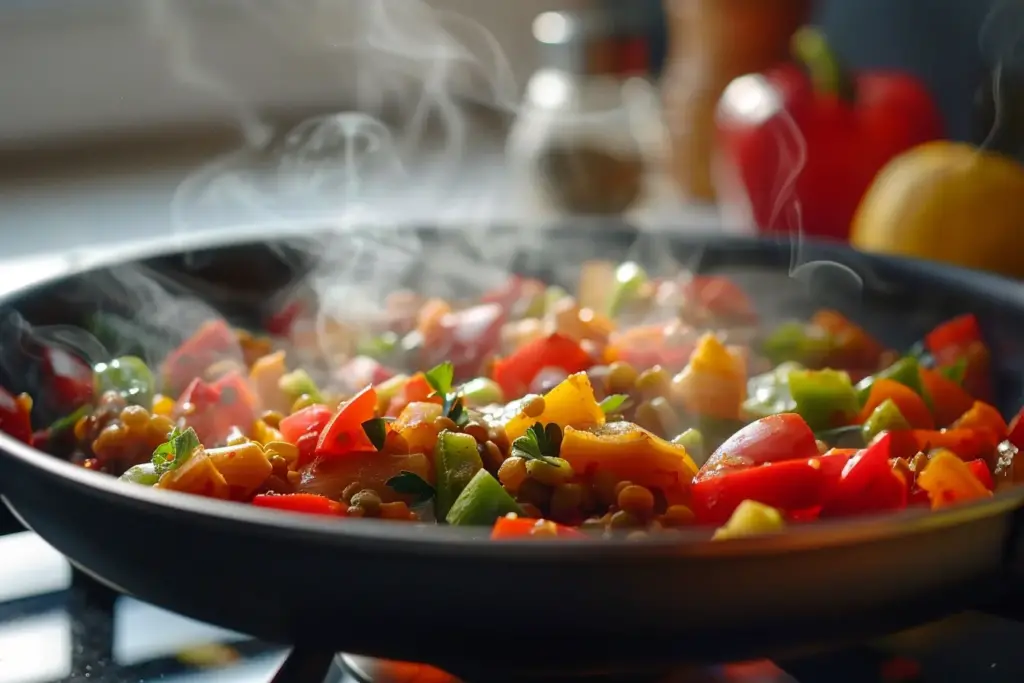 Steaming stir-fry of colorful bell peppers, lentils, and herbs cooking in a black pan on a stove.