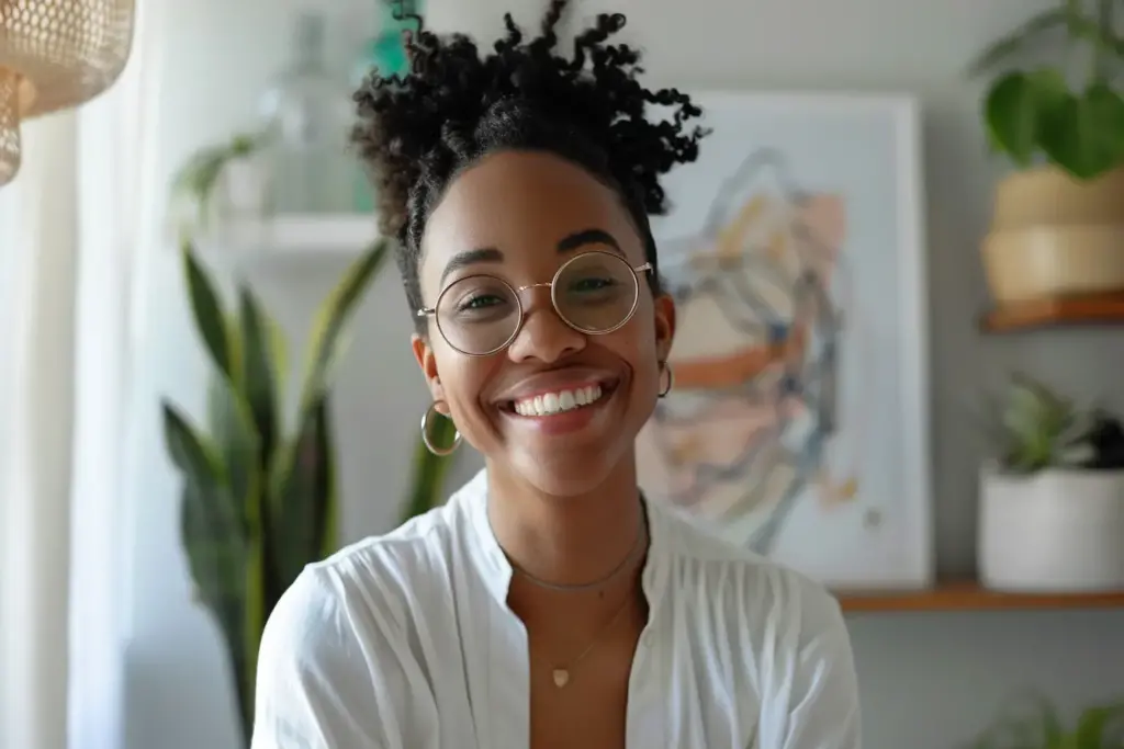 Smiling woman with glasses and curly hair wearing a white shirt in a modern, plant-filled room.
